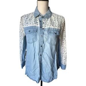 Anthropologie Women's 4 Blue Chambray Button Up Shirt Long Sleeve Lace Accents